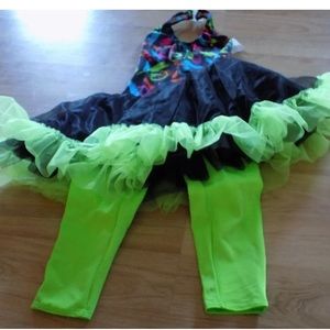Child Size Medium Cicci Dance Costume Pantsuit Unitard w Tutu Skirt Green Black